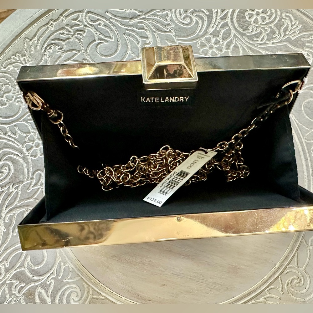 Kate Landry Gold Tone With Brown Lace Evening Clutch - Picture 9 of 10